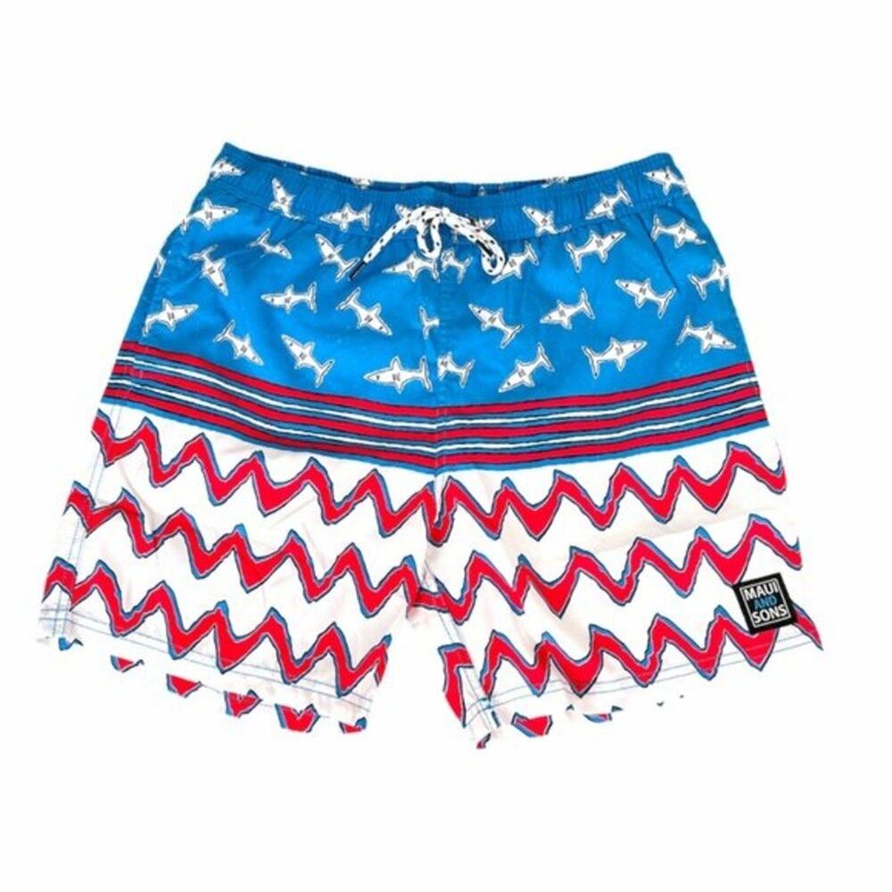 Maui and Sons Sharks Swim Trunks Blue White Size XLarge